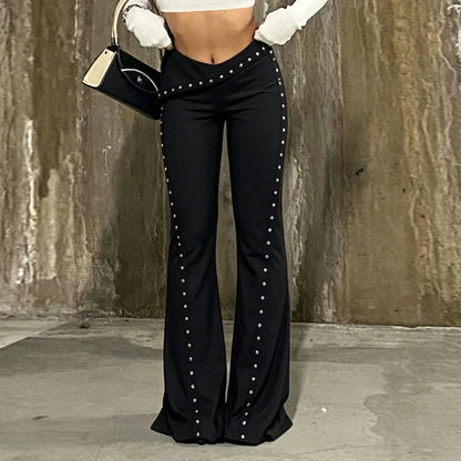 Pantalon large femme noir à rivets