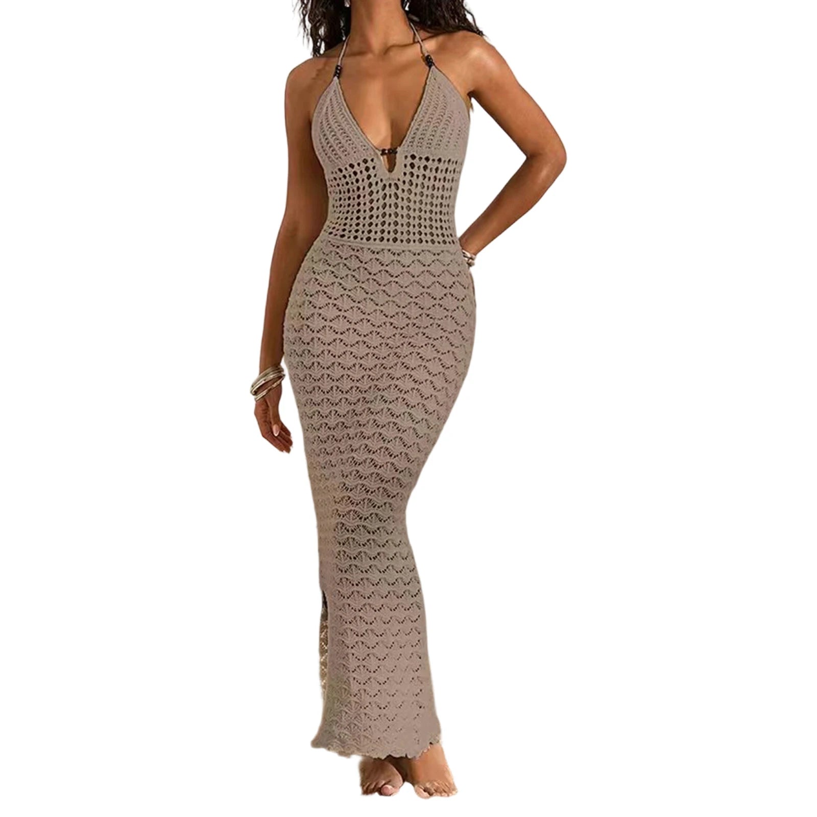 Robe longue moulante en crochet ajouré sans manches à col halter pour femmes