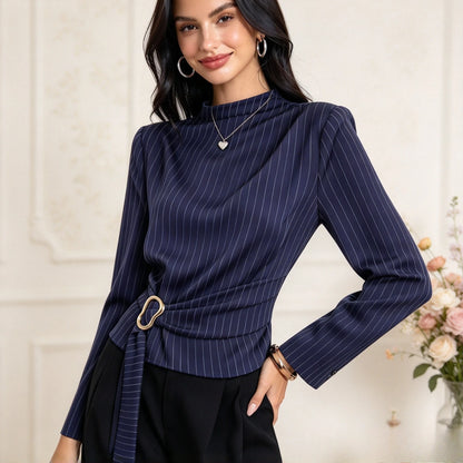 Chemise Rayée Femme – Col Montant Élégant