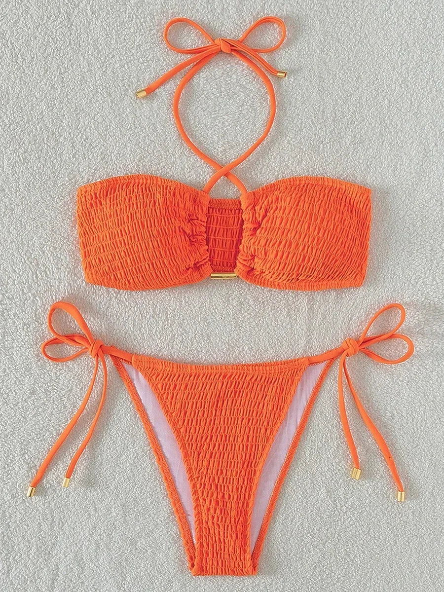 Maillot de bain deux pièces plissé et smocks, pour femmes