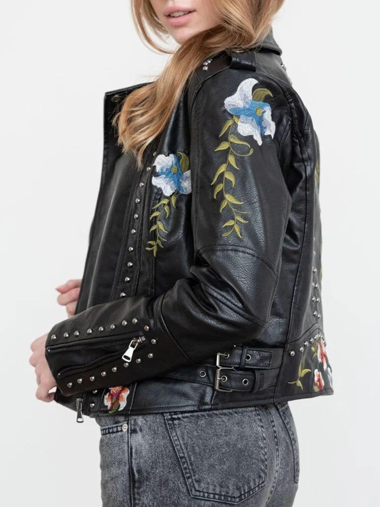 Veste courte imprimé floral vintage en similicuir pour femmes