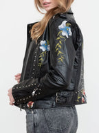Veste courte imprimé floral vintage en similicuir pour femmes