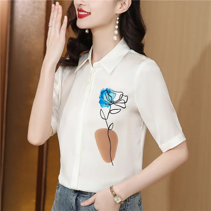 Chemise d'été à manches courtes et col rabattu pour femmes