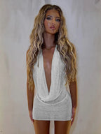 Robe de plage mini sexy unie à col V superposé pour femmes