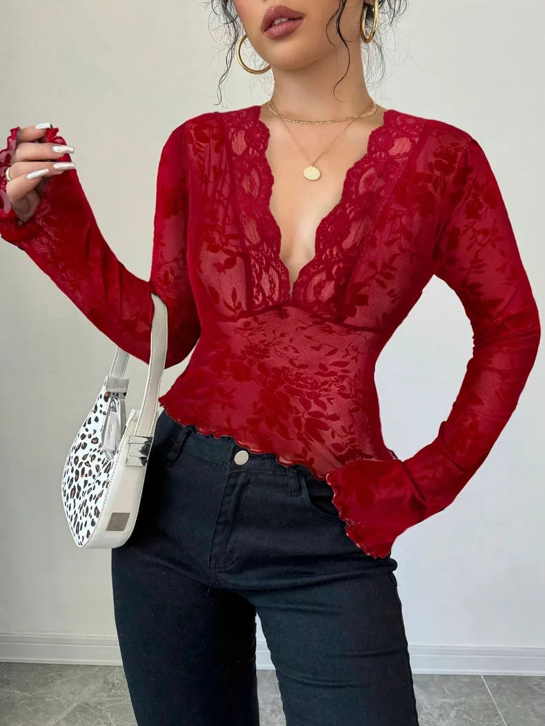 T-shirt à col V en dentelle et maille à manches cloche  pour femmes