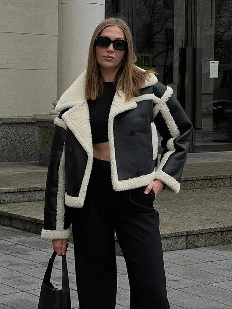 Veste courte en cuir PU patchwork pour femmes
