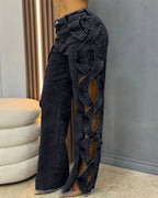 Jean large à ourlet brut et découpes latérales coupe droite taille haute pour femmes