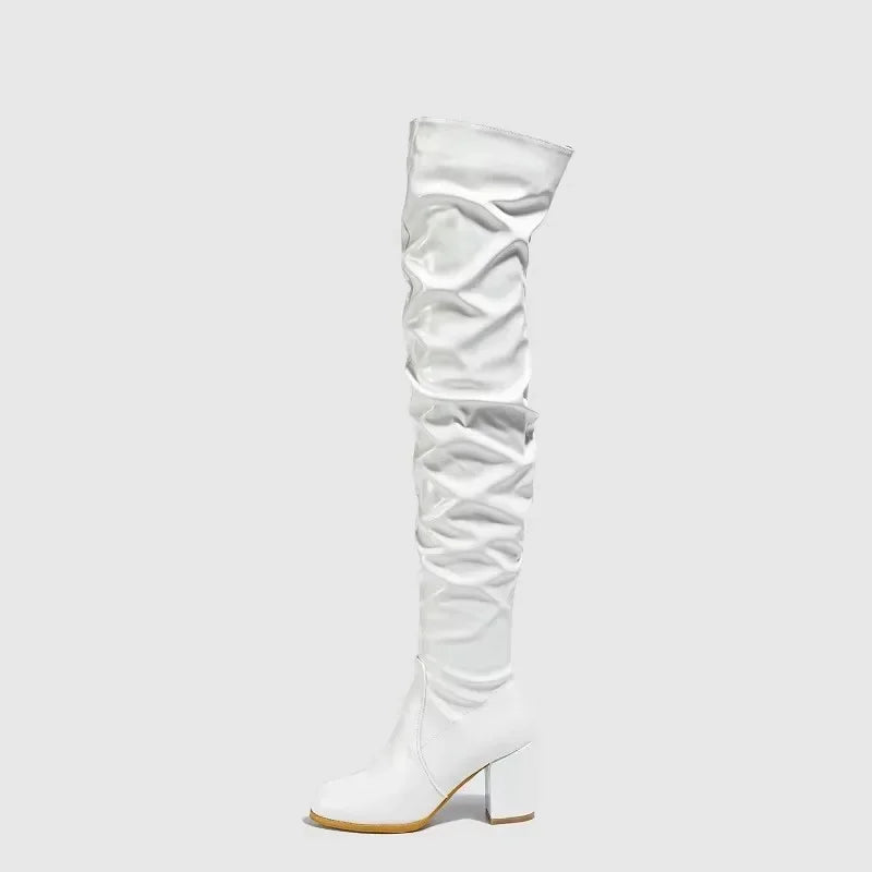 Bottes à talons hauts épais en cuir pour femmes