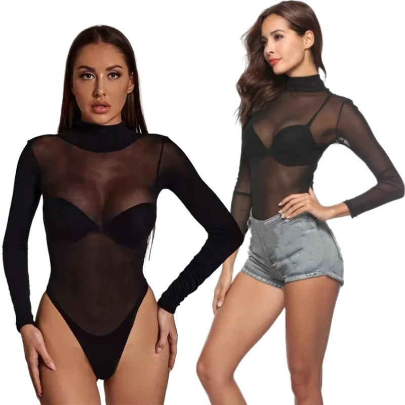 Body moulant noir à manches longues pour femmes