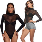Body moulant noir à manches longues pour femmes