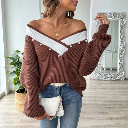 Pull femme oversize en maille col V à boutons perlés