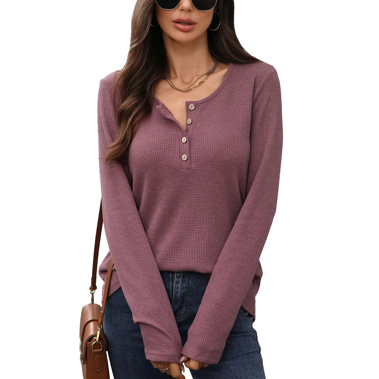 T-shirt à manches longues ample uni avec boutons pour femmes