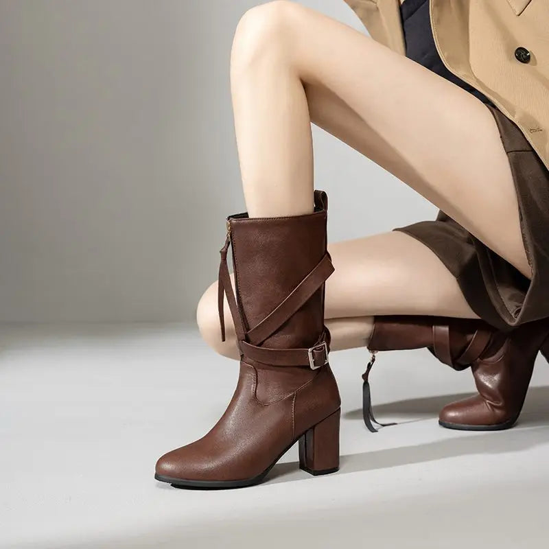 Bottes bout rond bloc talons 7.5 cm pour femmes