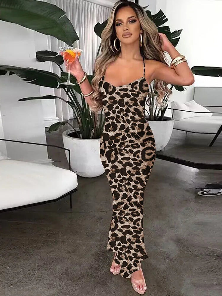 Robe longue moulante sans manches à imprimé léopard pour femmes