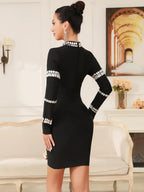 Robe de soirée mini noire élégante à manches longues, ornée de diamants et de perles pour femmes