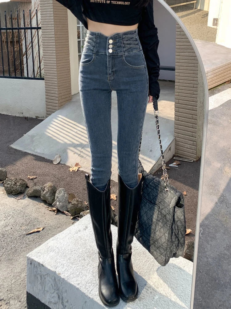 Jean crayon taille haute pour femmes