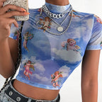T-shirt manches courtes à col haut femmes