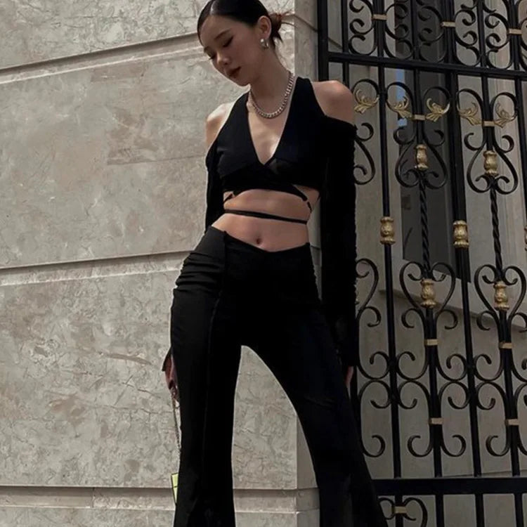 Tops à manches longues avec bandage à lacets et col en V pour femmes