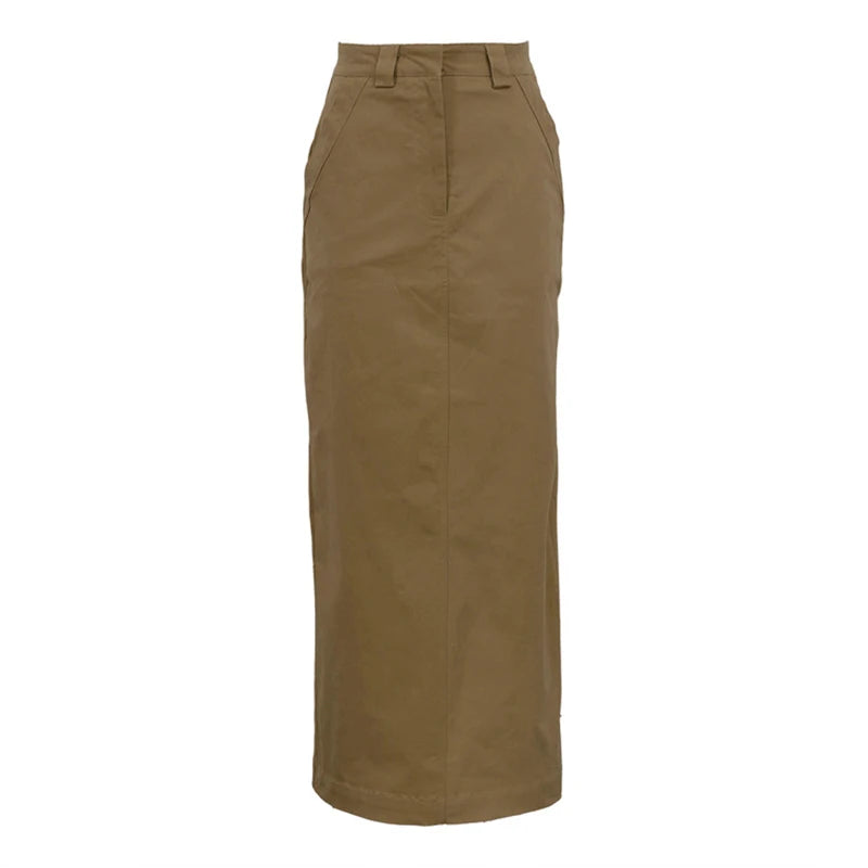 Jupe femme longue kaki taille haute à fente et poches
