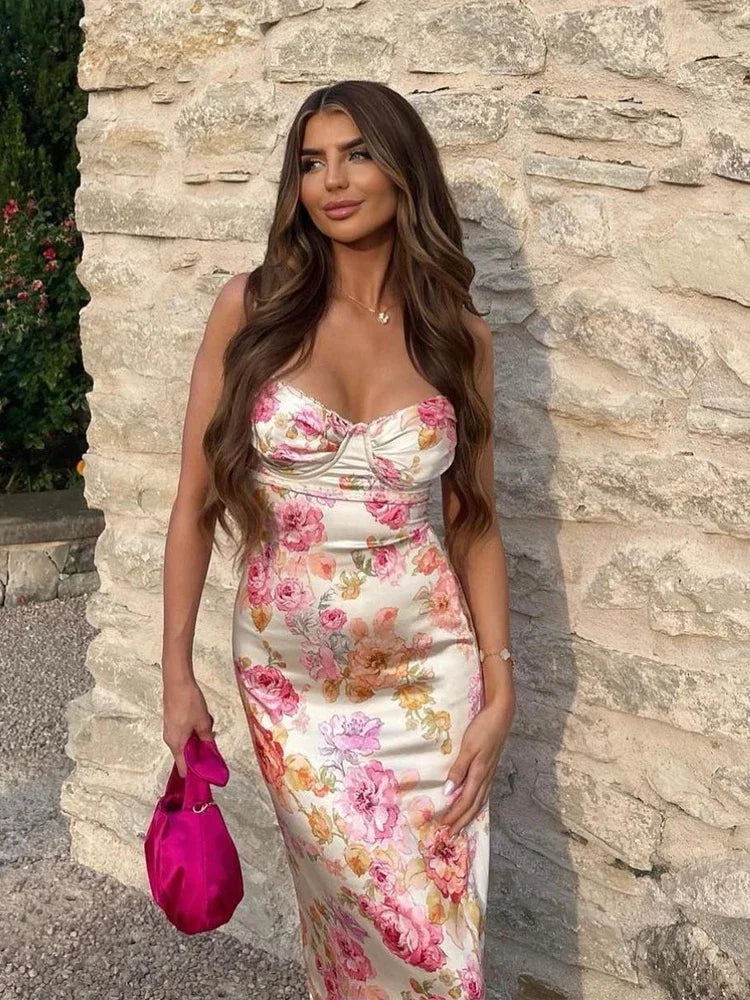 Robe de soirée à imprimé floral avec bretelles spaghetti pour femmes