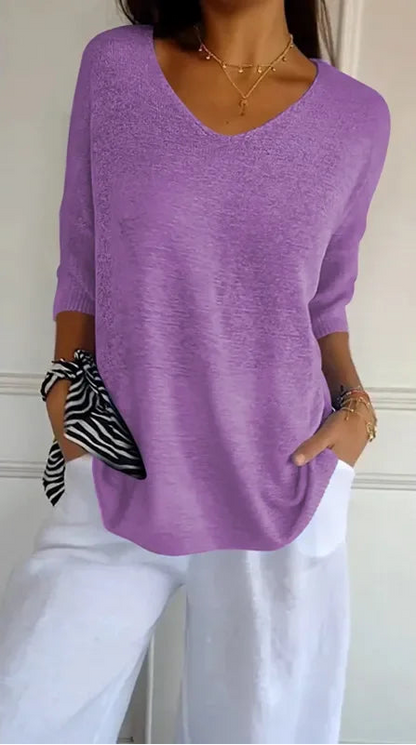 Chemise Décontractée Femme – Col V et Manches 3/4