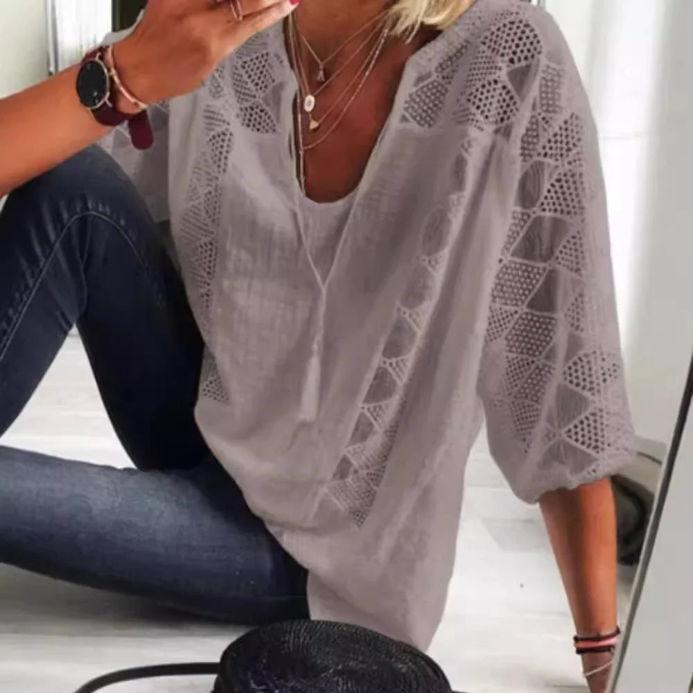 T-shirt à col U et manches trois-quarts pour femmes