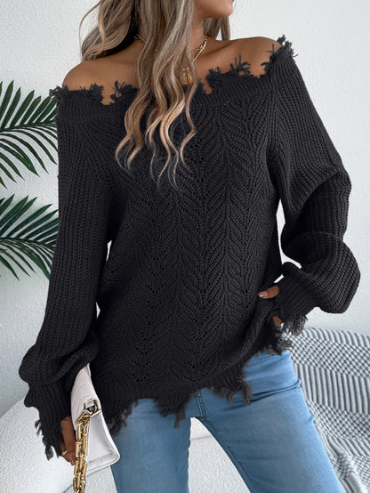 Pull à Épaules Dénudées Femme – Maille et Franges