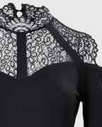 Body en dentelle contrastée à manches longues et épaules dénudées pour femmes