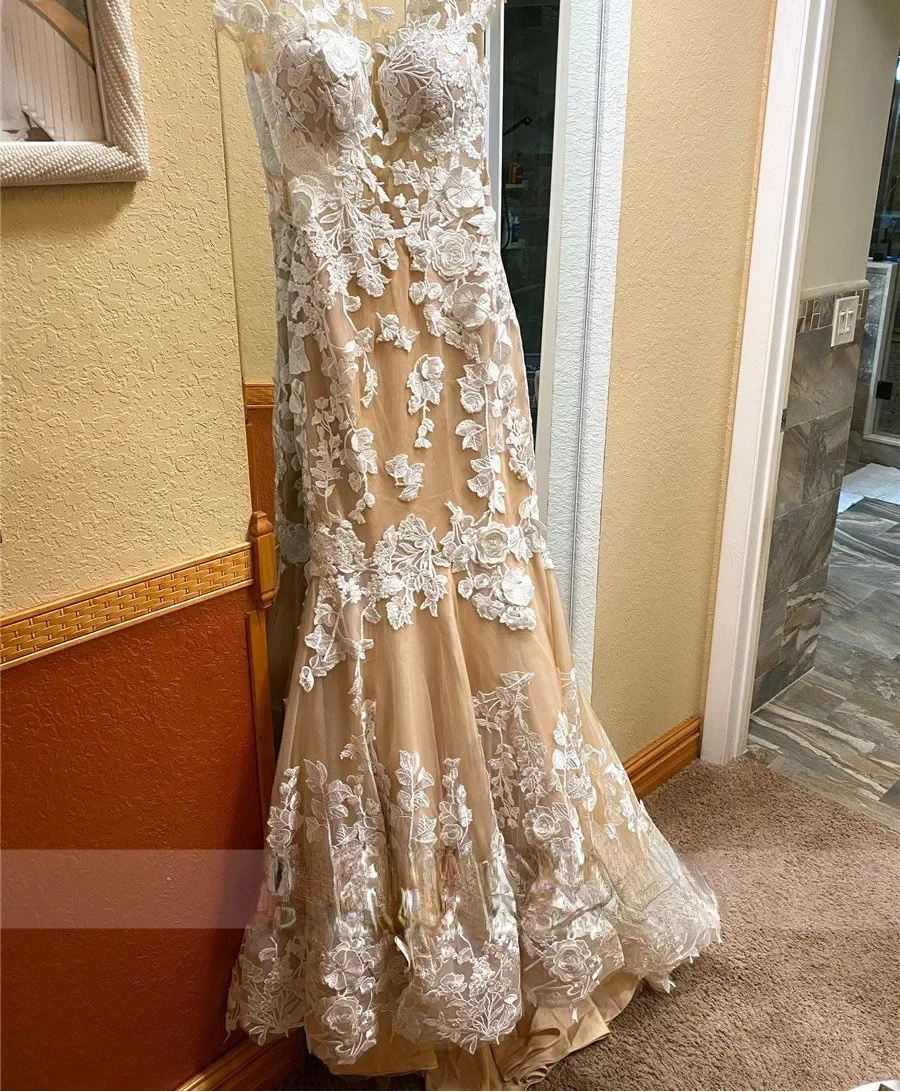 Robe de mariée sirène champagne à col rond pour femmes