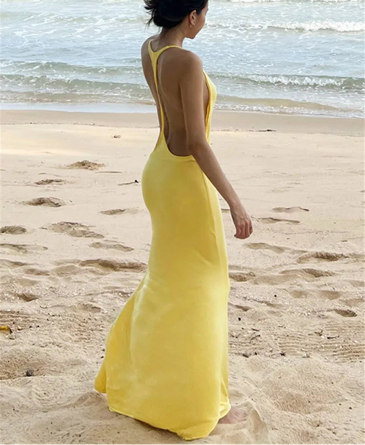 Robe sirène femme jaune à dos nu