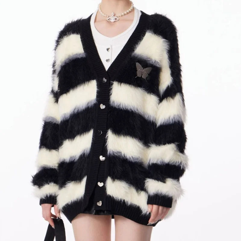 Cardigan chaud à rayures noires et blanches pour femmes