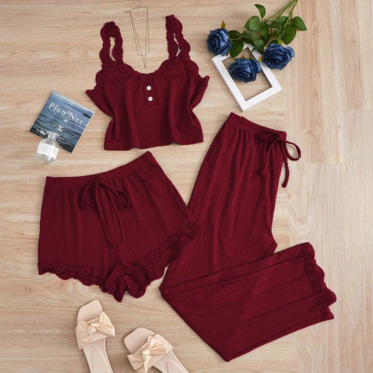Pyjama d’Été 3 Pièces Femme – Détails Dentelle