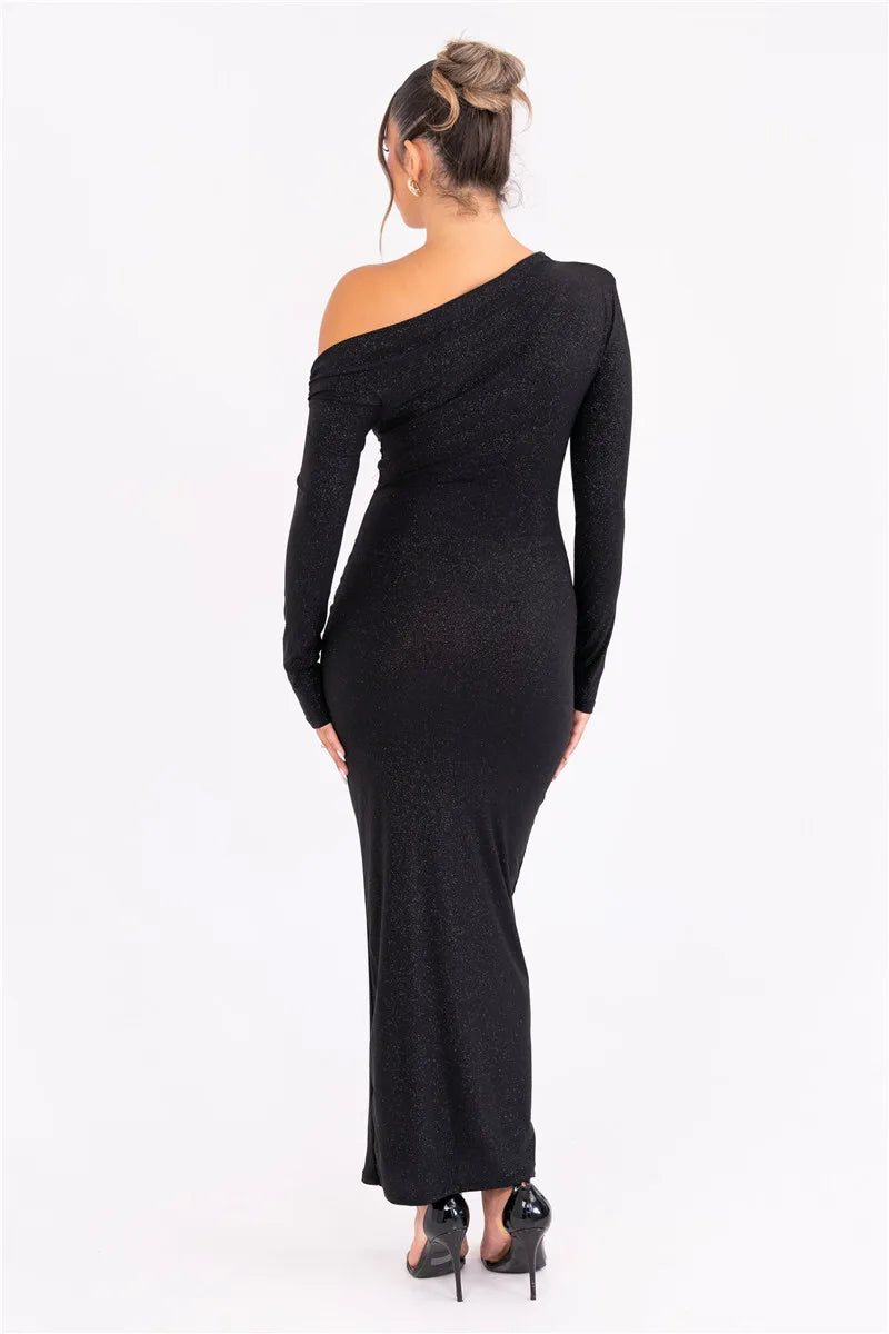 Robe longue sexy à manches longues et paillettes pour femmes