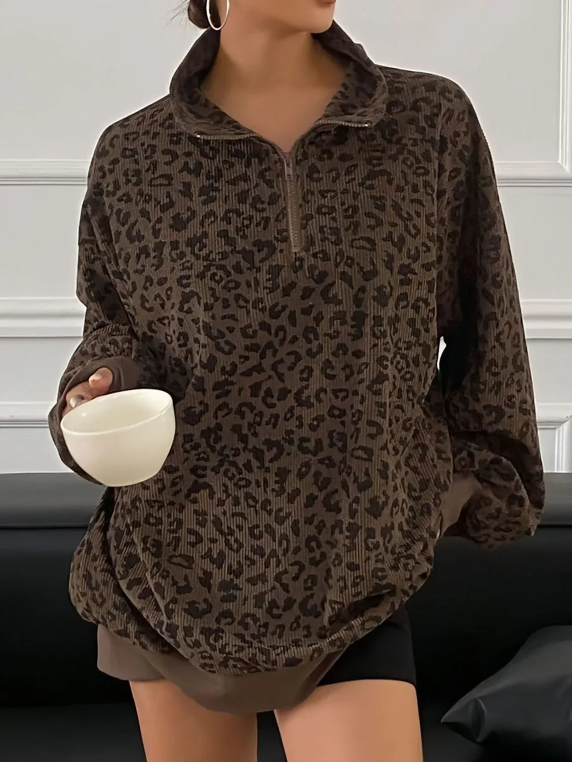 Sweat Léopard Vintage Femme – Col Demi-Zip