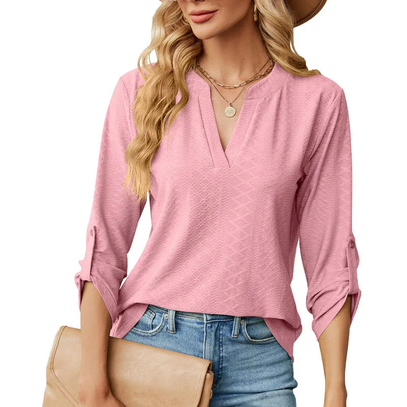 T-shirt à col en V et manches longues côtelées pour femmes