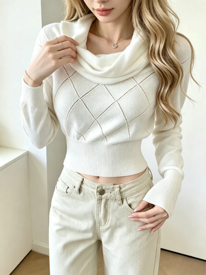 Pull Court Femme – Motif Losanges et Col Drapé