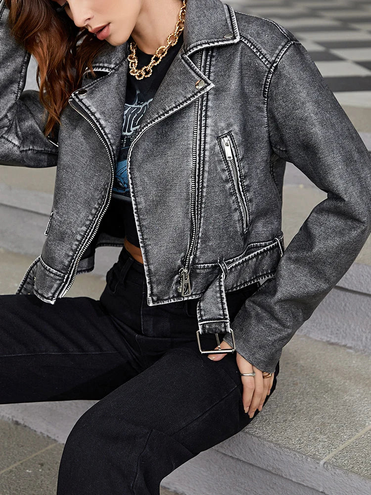 Veste courte en similicuir avec ceinture pour femmes