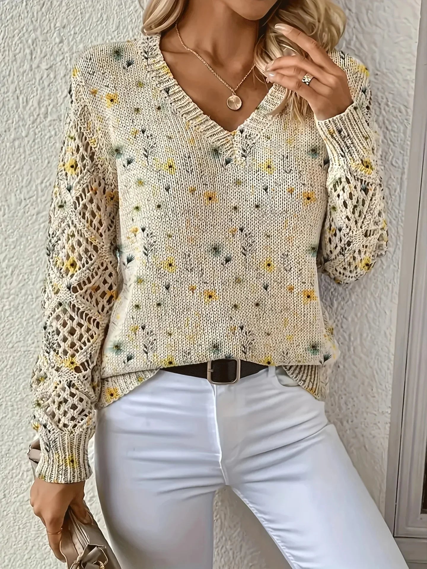 Pull à manches longues et col en v pour femmes