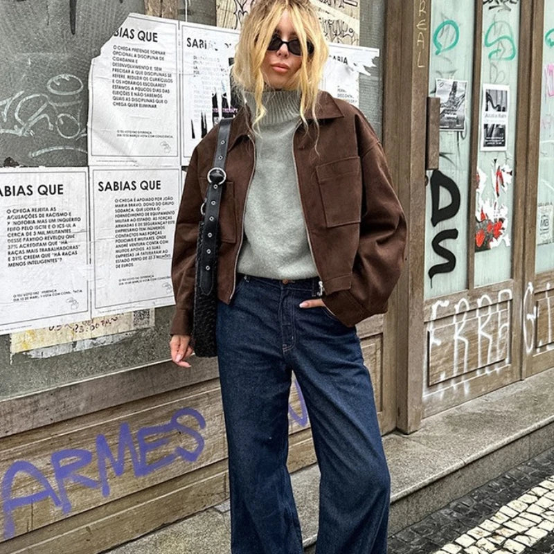 Veste courte en daim et fermeture éclair pour femmes