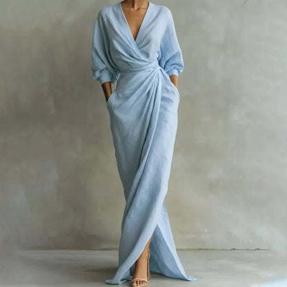 Robe femme longue froncée à col V