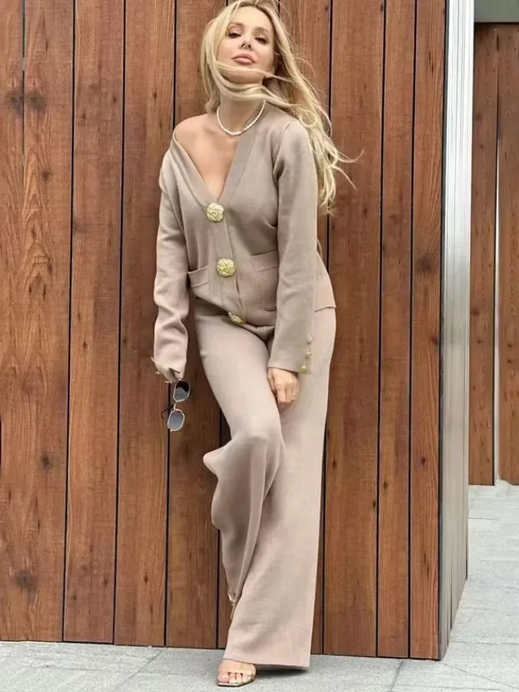 Ensembles de pulls en tricot et pantalon ample taille haute pour femmes