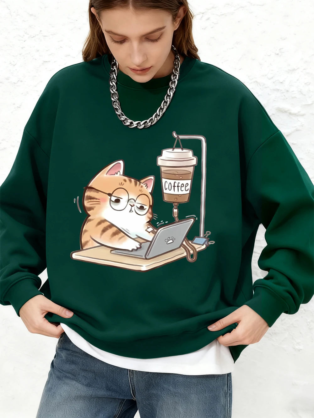 Sweat-shirt imprimé « Chats au travail avec du café » pour femmes