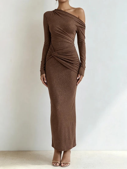 Robe Midi Scintillante Femme – Manches Longues et Épaules Dénudées