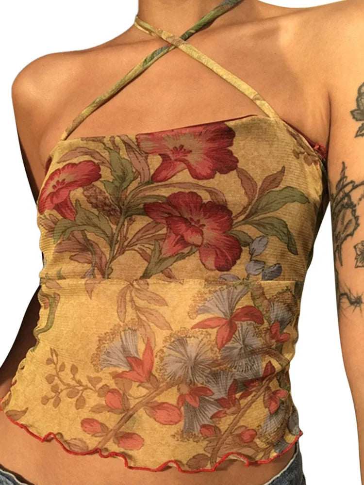 T-shirt en maille transparente à fleurs pour femmes