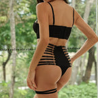 Ensemble 3 pièces soutien-gorge push-up ajouré, en satin de soie et porte-jarretelles et culotte string pour femmes