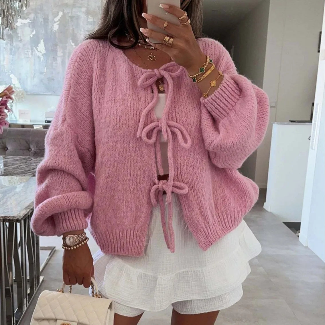 Cardigan avec nœud papillon sur le devant pour femmes