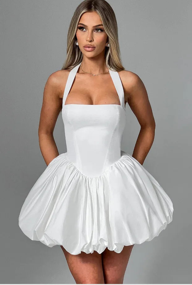 Robe courte bouffante sans manches à lacets pour femmes