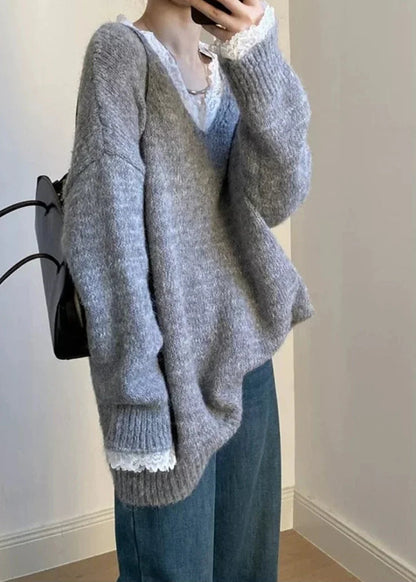 Pull en Maille Femme – Col V et Dentelle