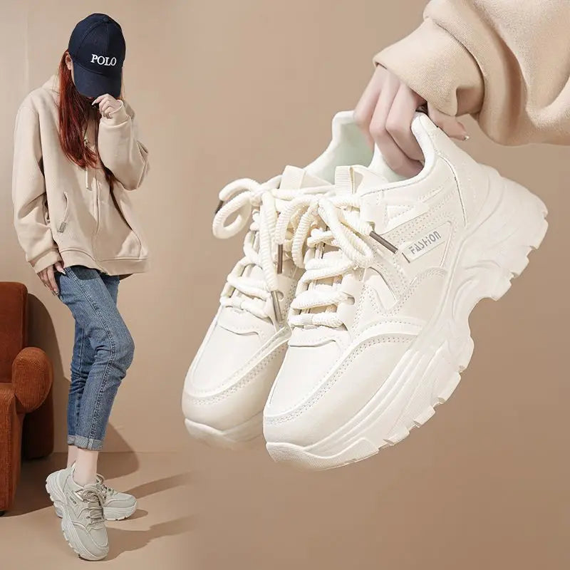 Basket en cuir imperméable à semelle épaisse pour femmes