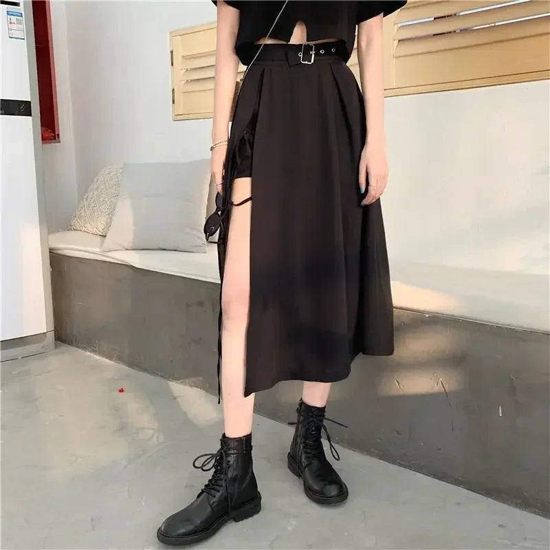 Jupe fendue mi-mollet style gothique sombre vintage pour femmes